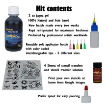 Load image into Gallery viewer, Jagua gel kit contents including fresh jagua gel, applicator bottle, stencils and eucalyptus oil