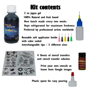 Jagua gel kit contents including fresh jagua gel, applicator bottle, stencils and eucalyptus oil