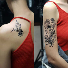 Load image into Gallery viewer, fresh jagua humming bird and flower bouquet black temporary tattoo.