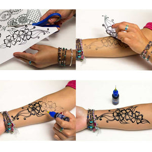 Henna tattoo stencil application process - Design of henna created with stencils.