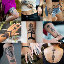 Load image into Gallery viewer, henna jagua temporary tattoo collage featuring an owl, a flower vine, a pine tree, jack and sally and traditional designs.